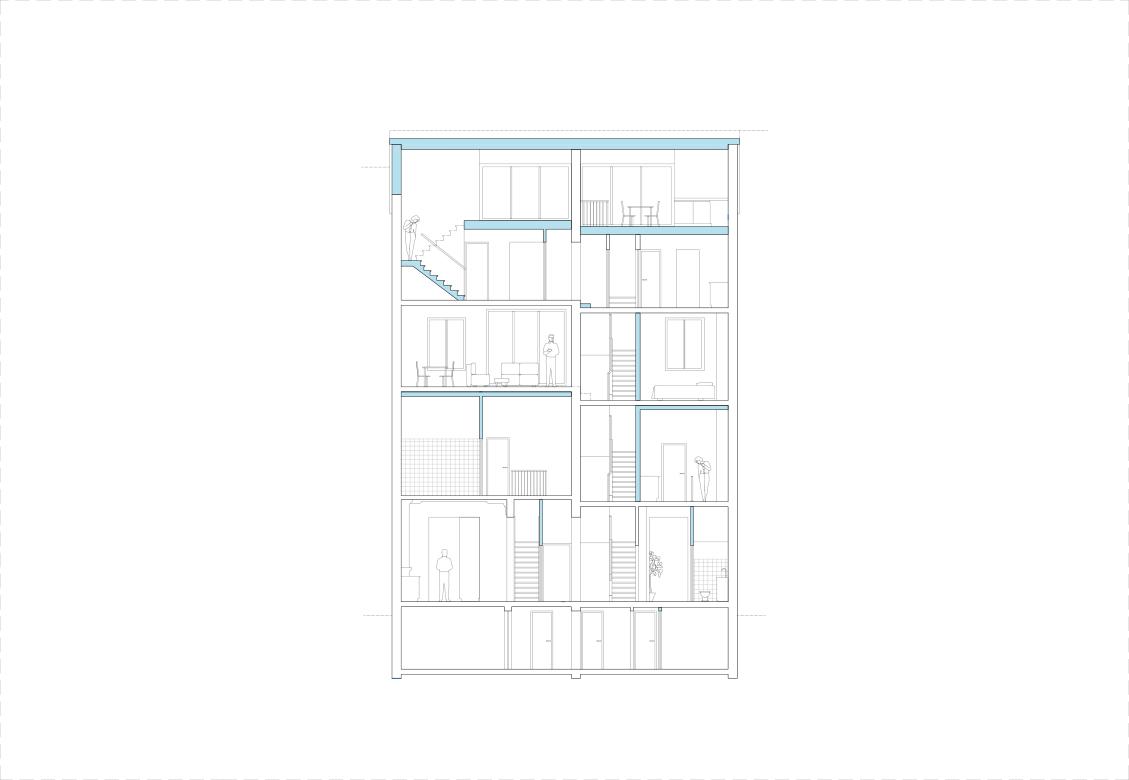 Section through the narrow building and its vertical circulation