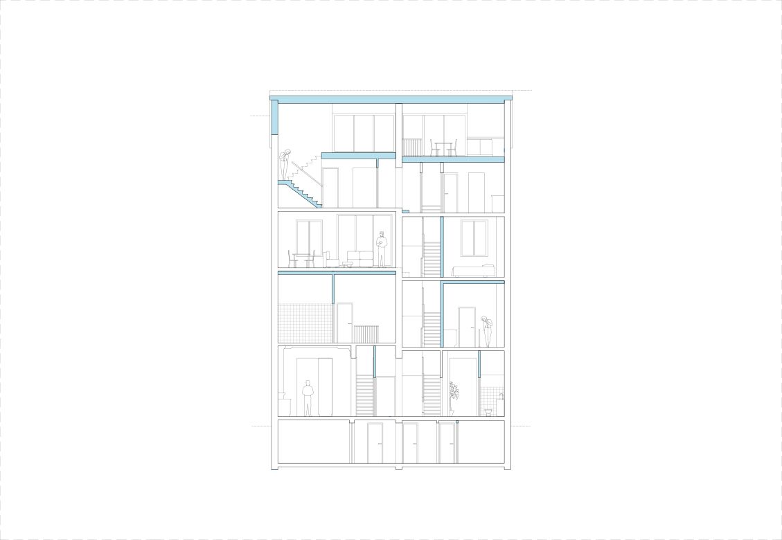 Section through the narrow building and its vertical circulation