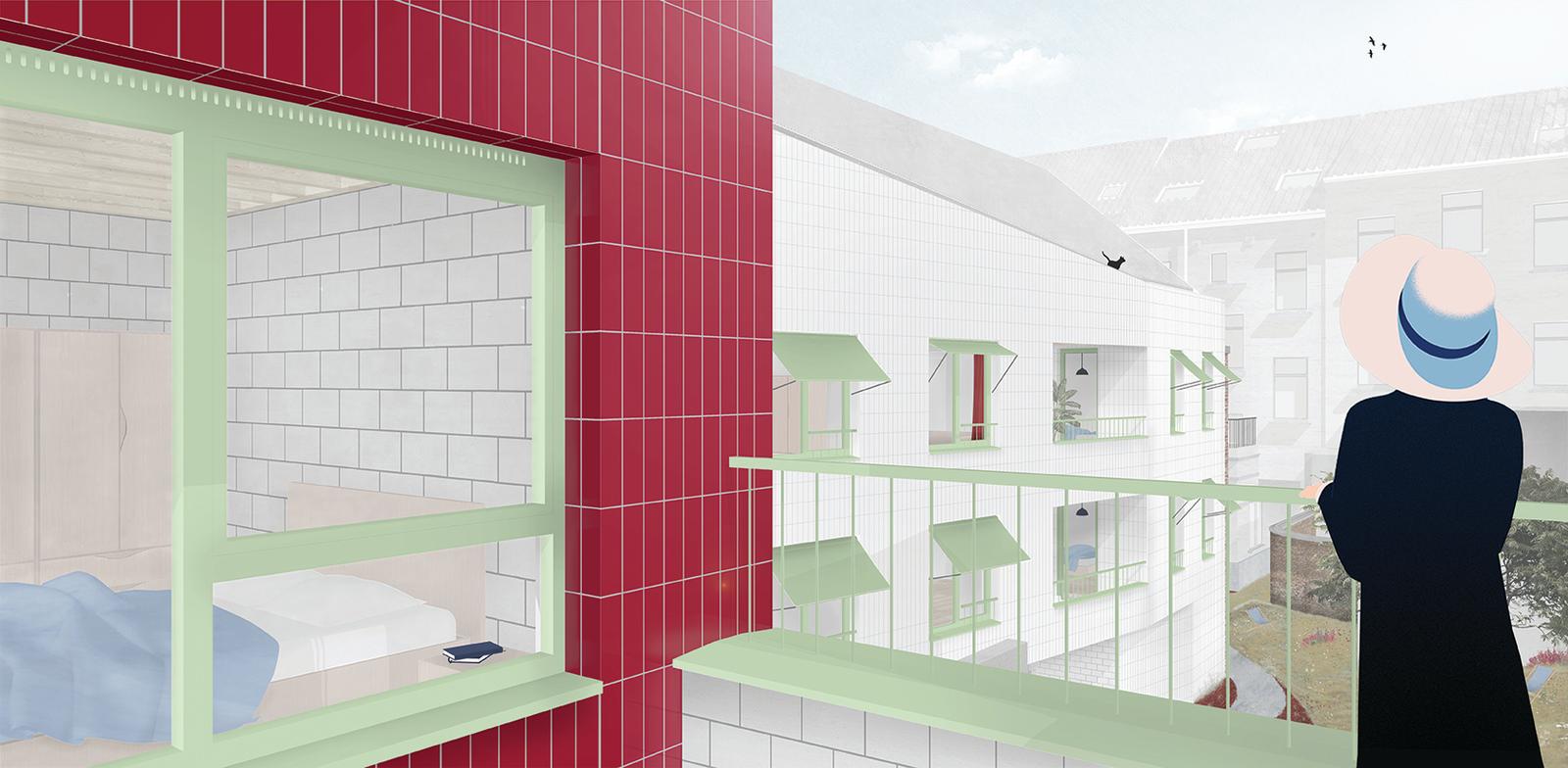 Exterior circulation with green frames against a red-tiled wall