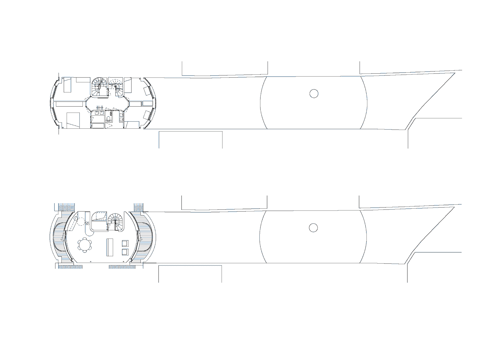 Two plans showing rooms at either end of a long central space