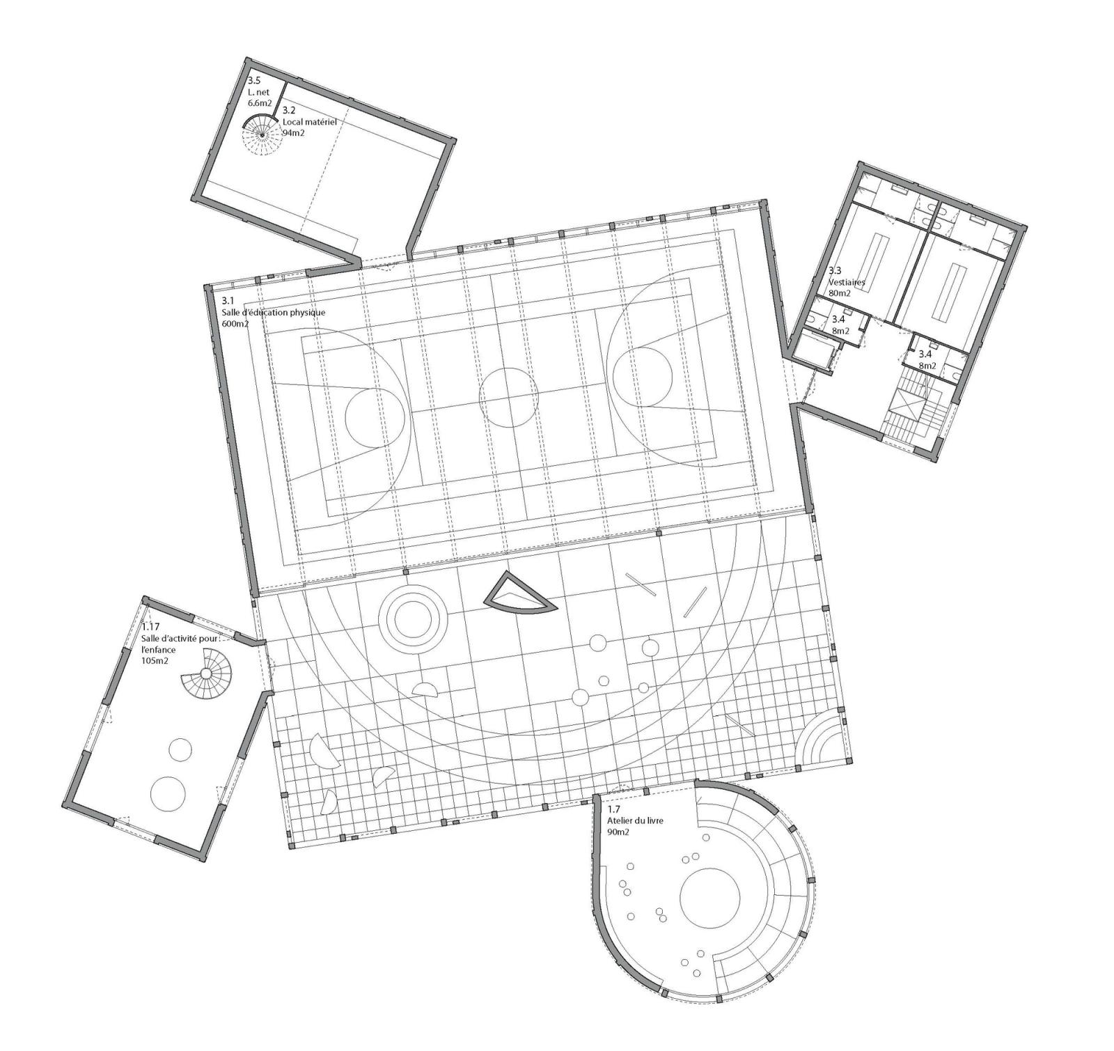 Ground plan of a sports hall with adjoining rooms and circular stair