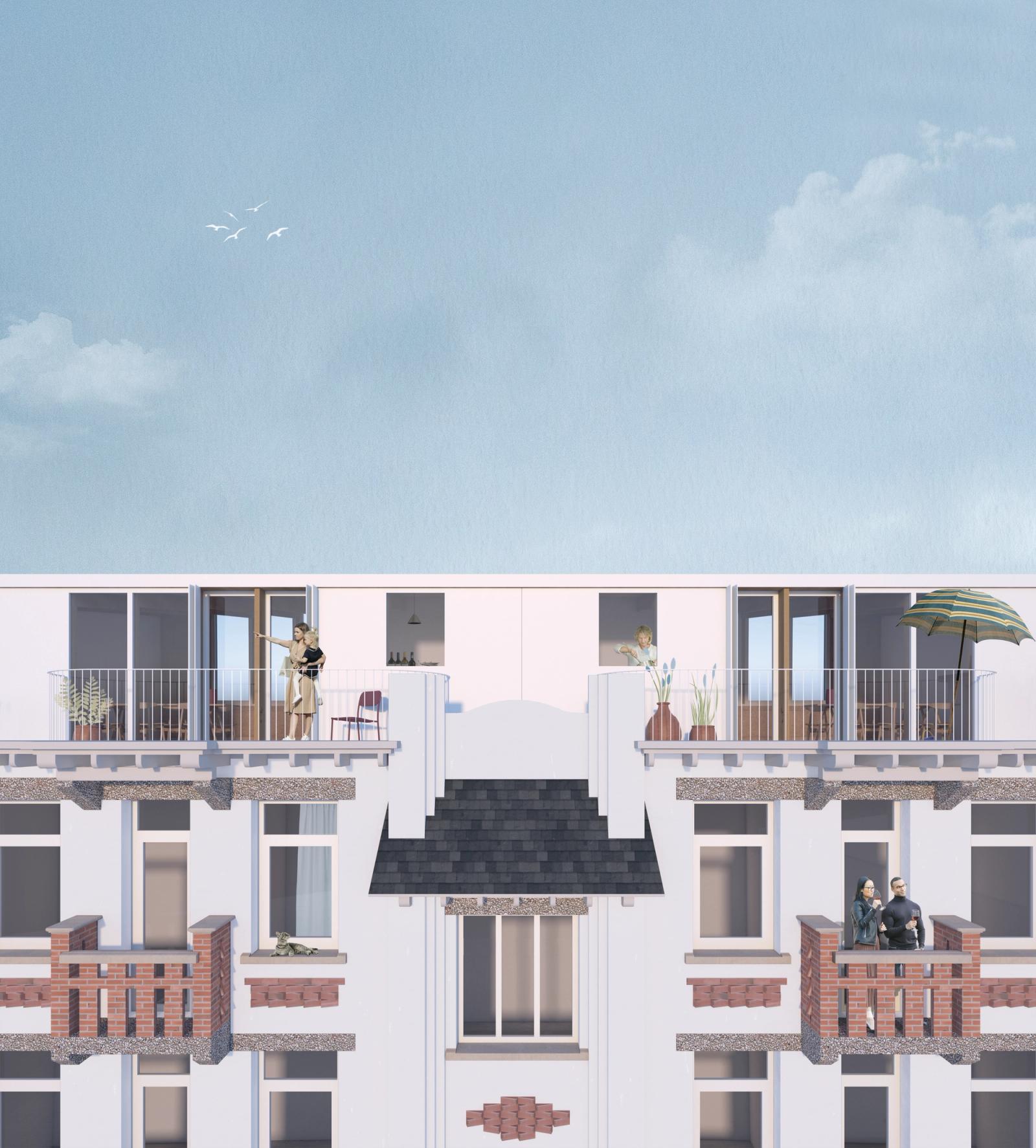 Cutaway façade collage showing residents using stacked balconies