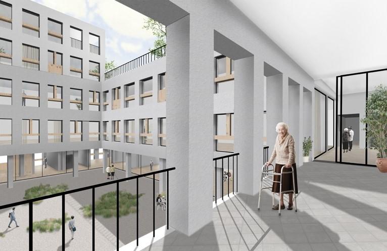 Courtyard balconies and circulation overlooking the planted center