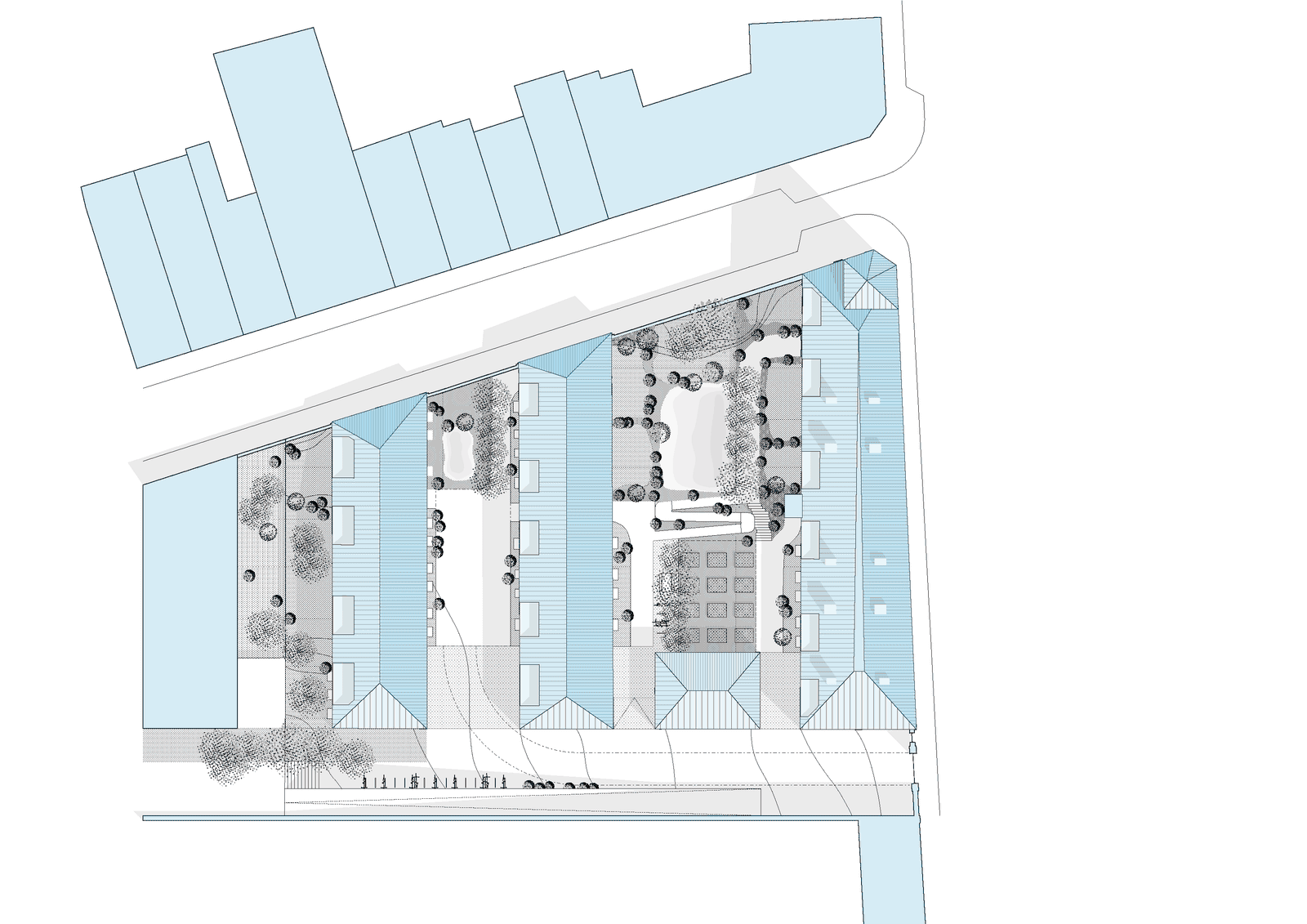 Colored site and roof plan linking the campus blocks and courtyards