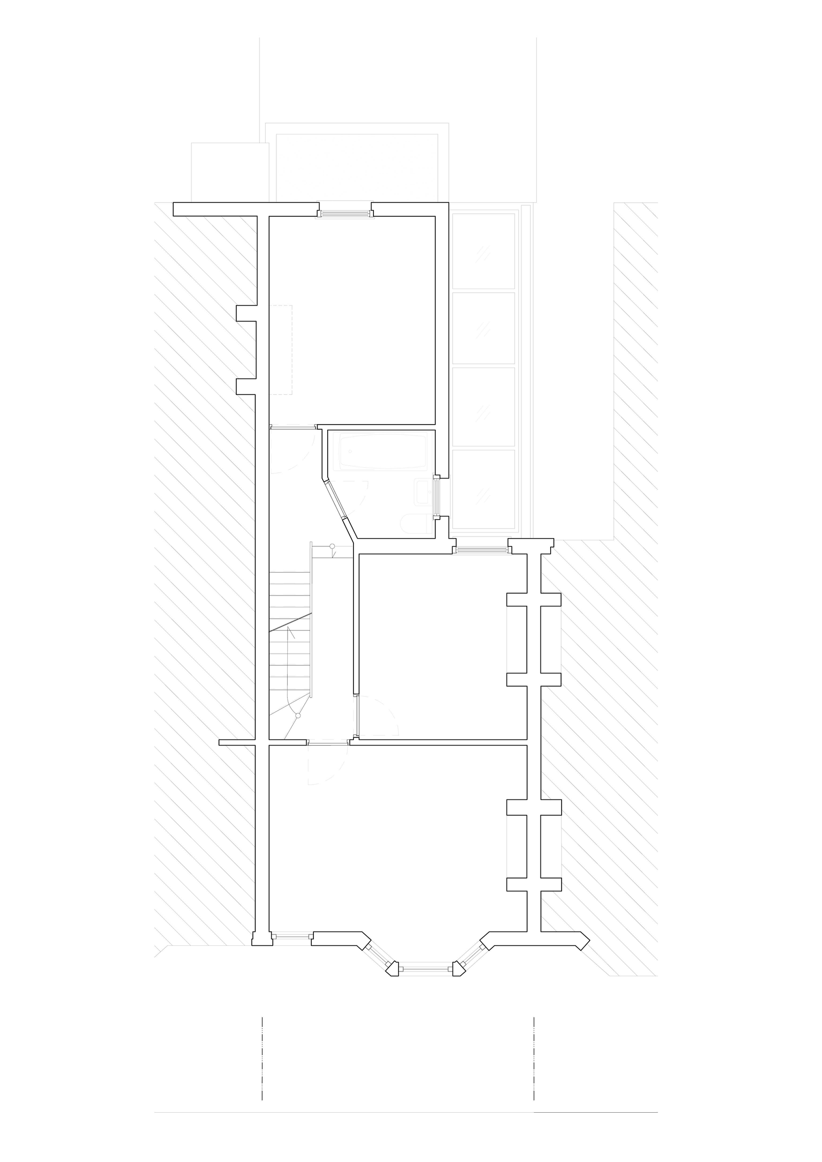 Middle floor plan with a central stair and rear room