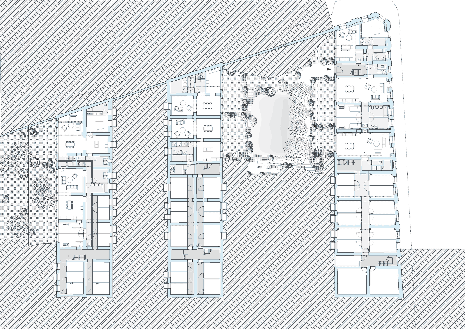 Composite plan of three residential wings around shared courtyards