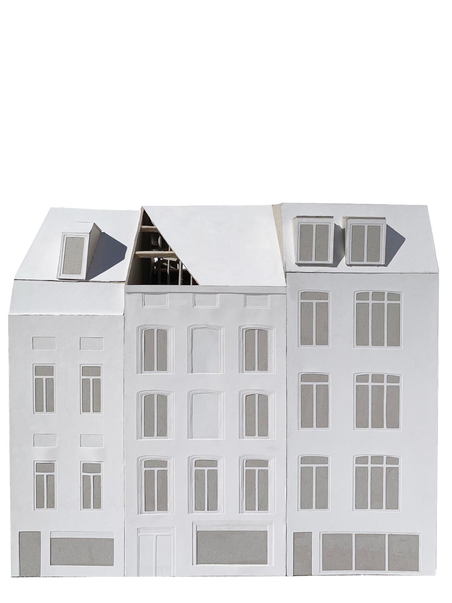White façade model with an angular roof opening between neighboring houses