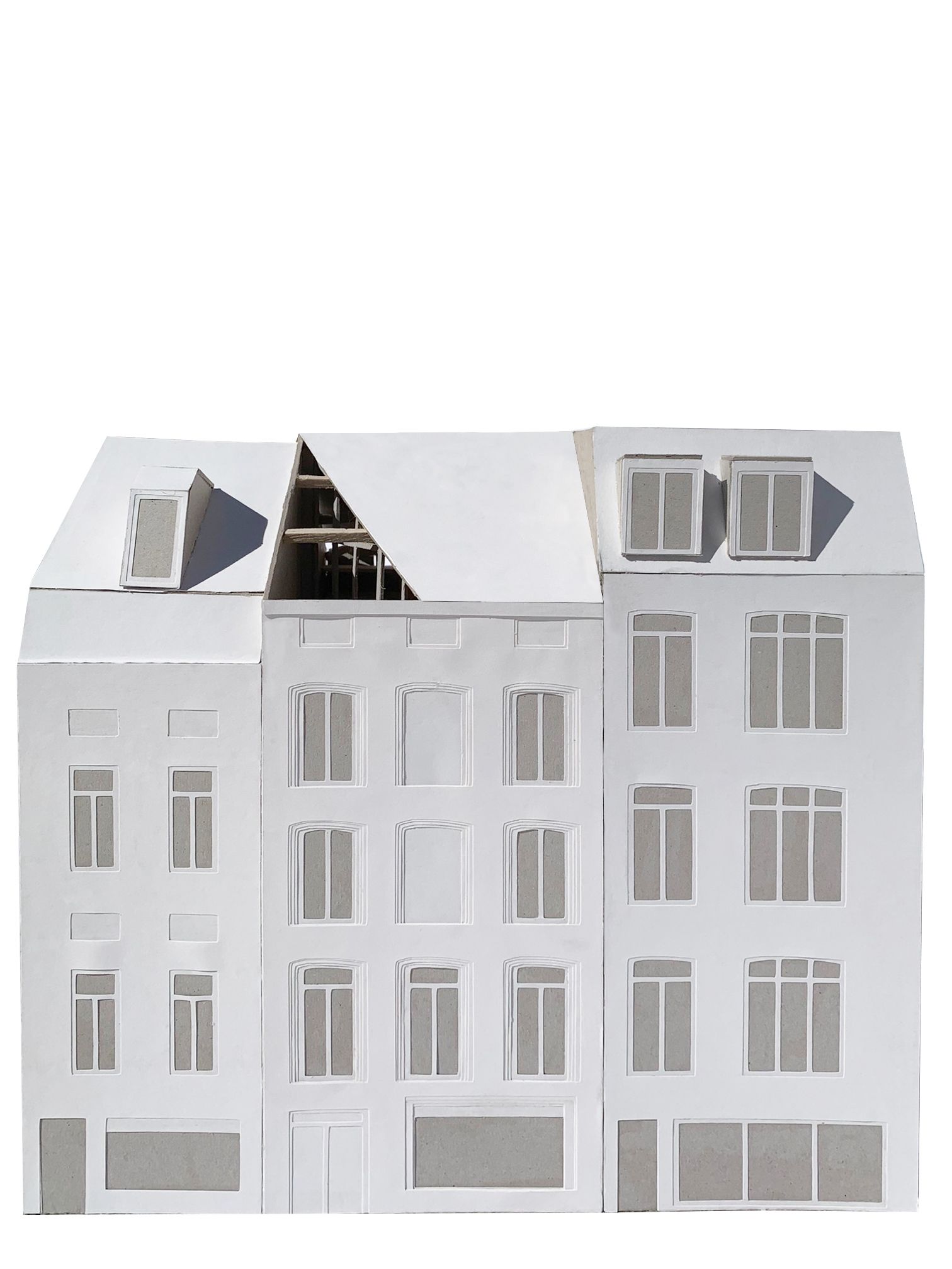 White façade model with an angular roof opening between neighboring houses