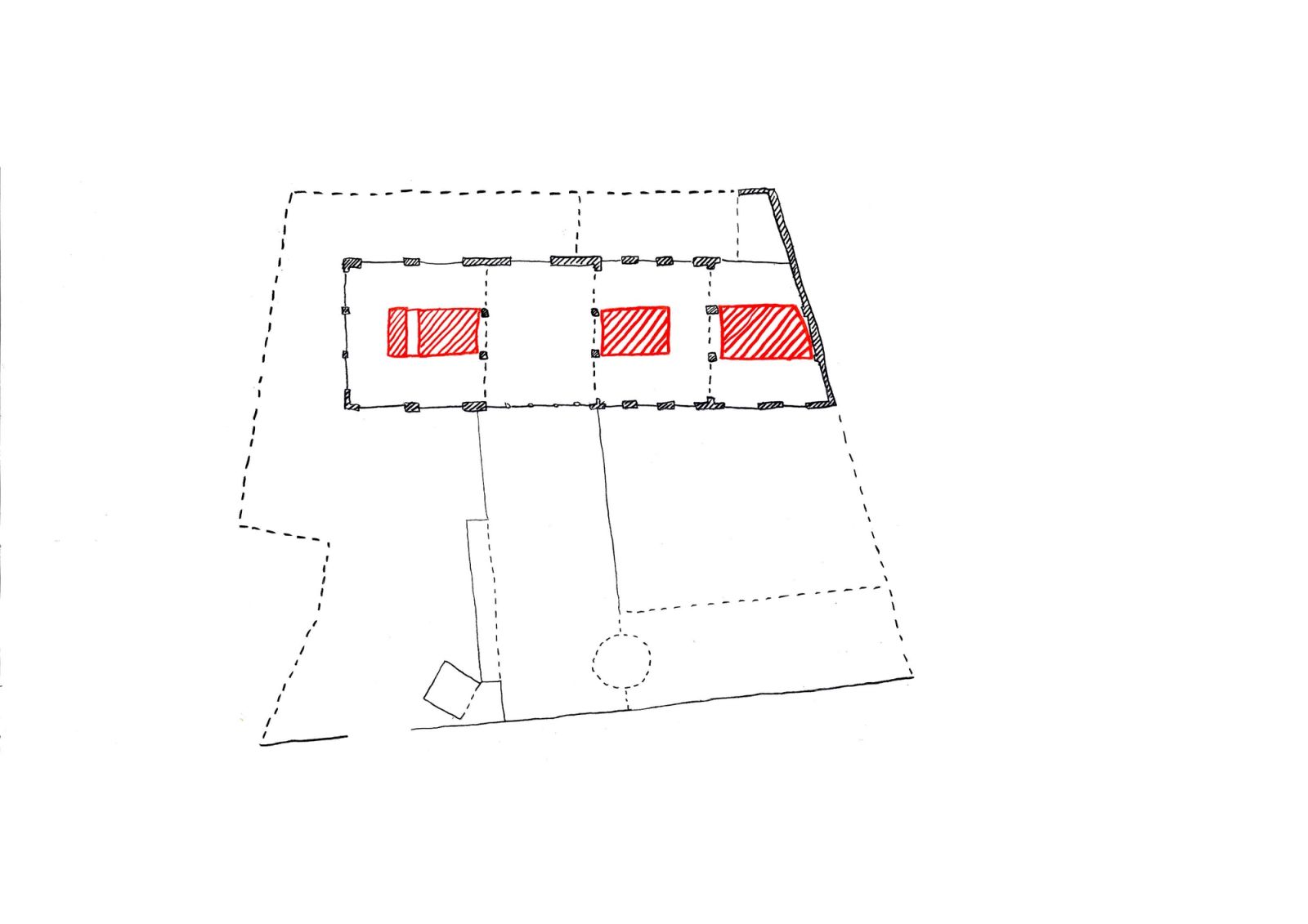 Plan diagram marking three intervention bays in red