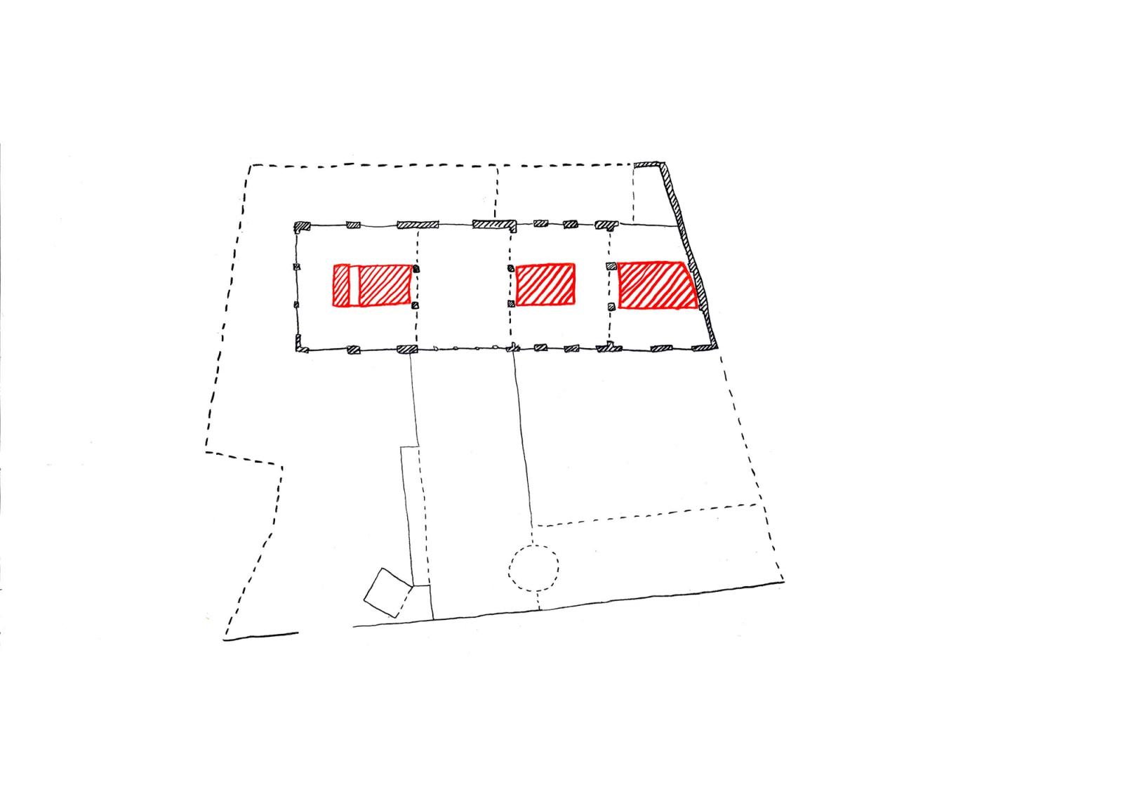Plan diagram marking three intervention bays in red
