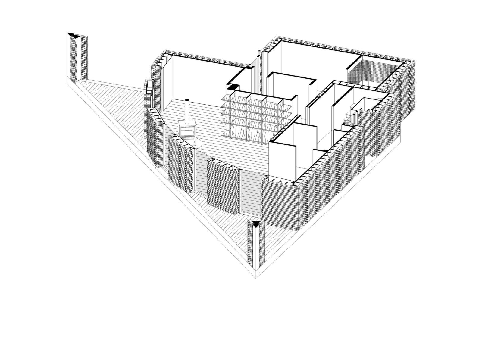 Cutaway axonometric showing the inner courtyard, stair and rooms