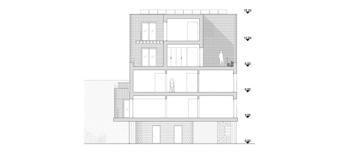 Section through the stacked apartments and recessed upper terrace