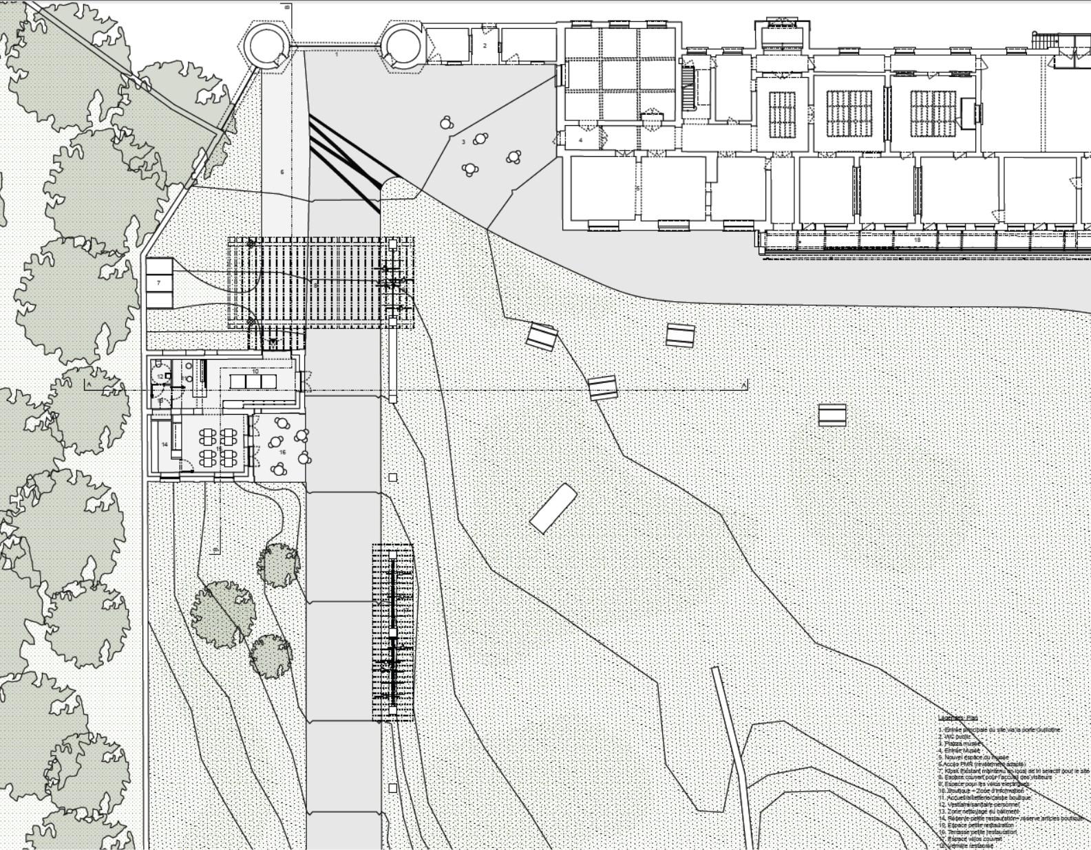 Landscape plan linking an existing manor to a new covered facility