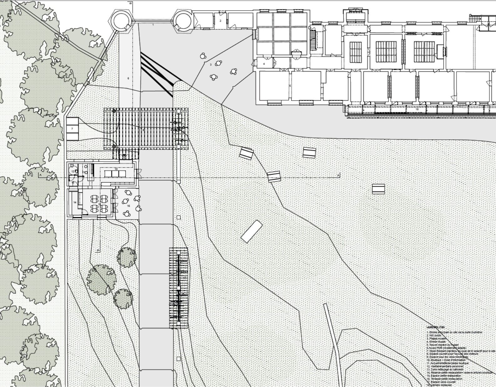 Landscape plan linking an existing manor to a new covered facility