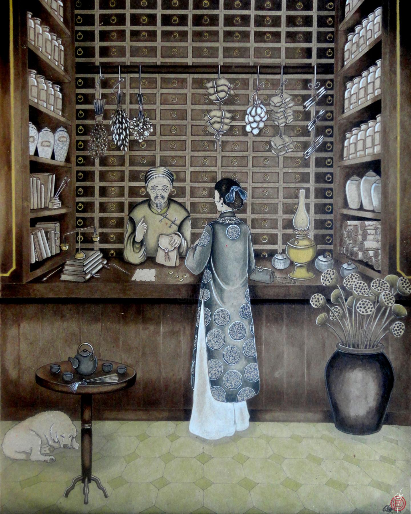 Historic illustration of a woman inside a richly stocked apothecary