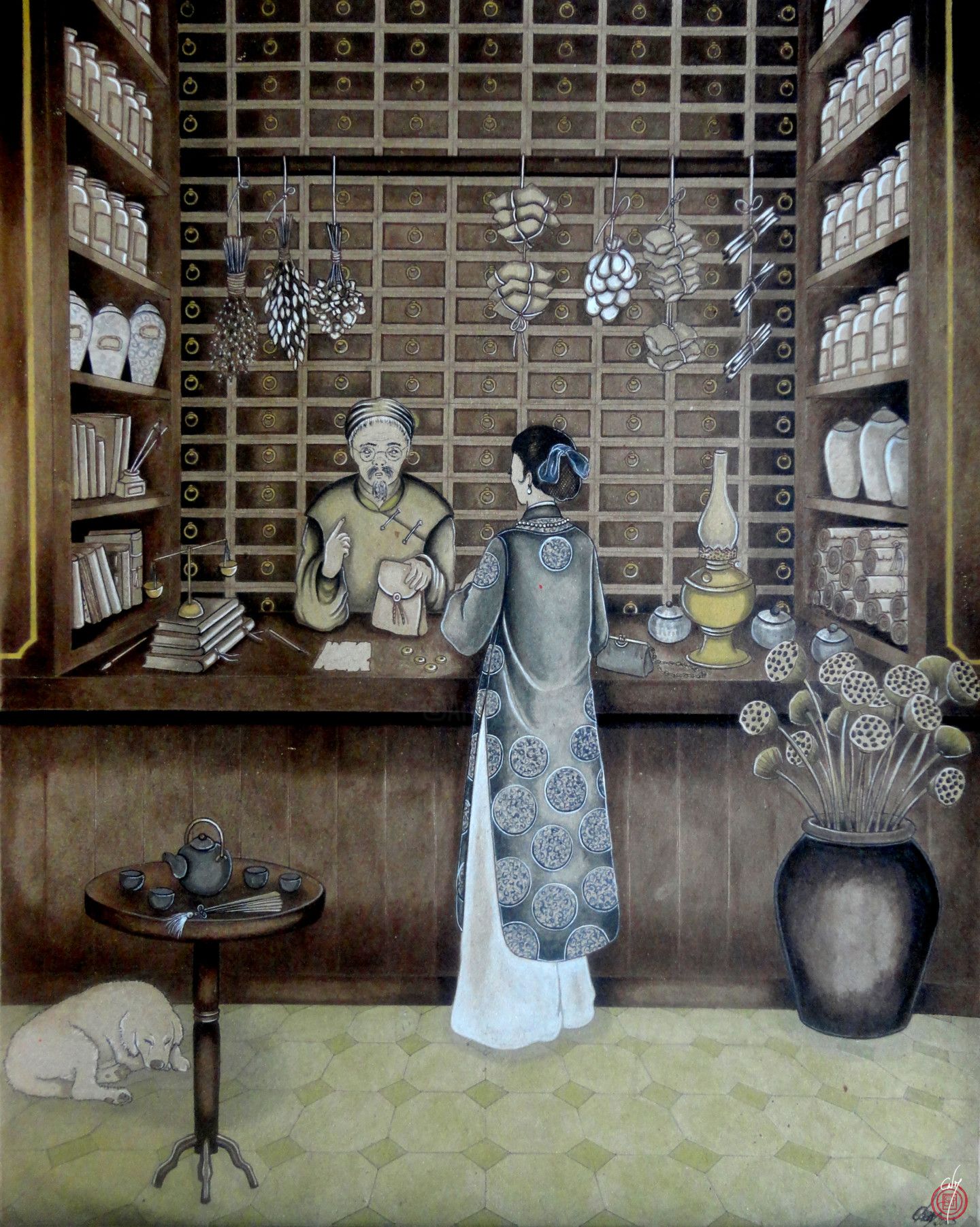 Historic illustration of a woman inside a richly stocked apothecary