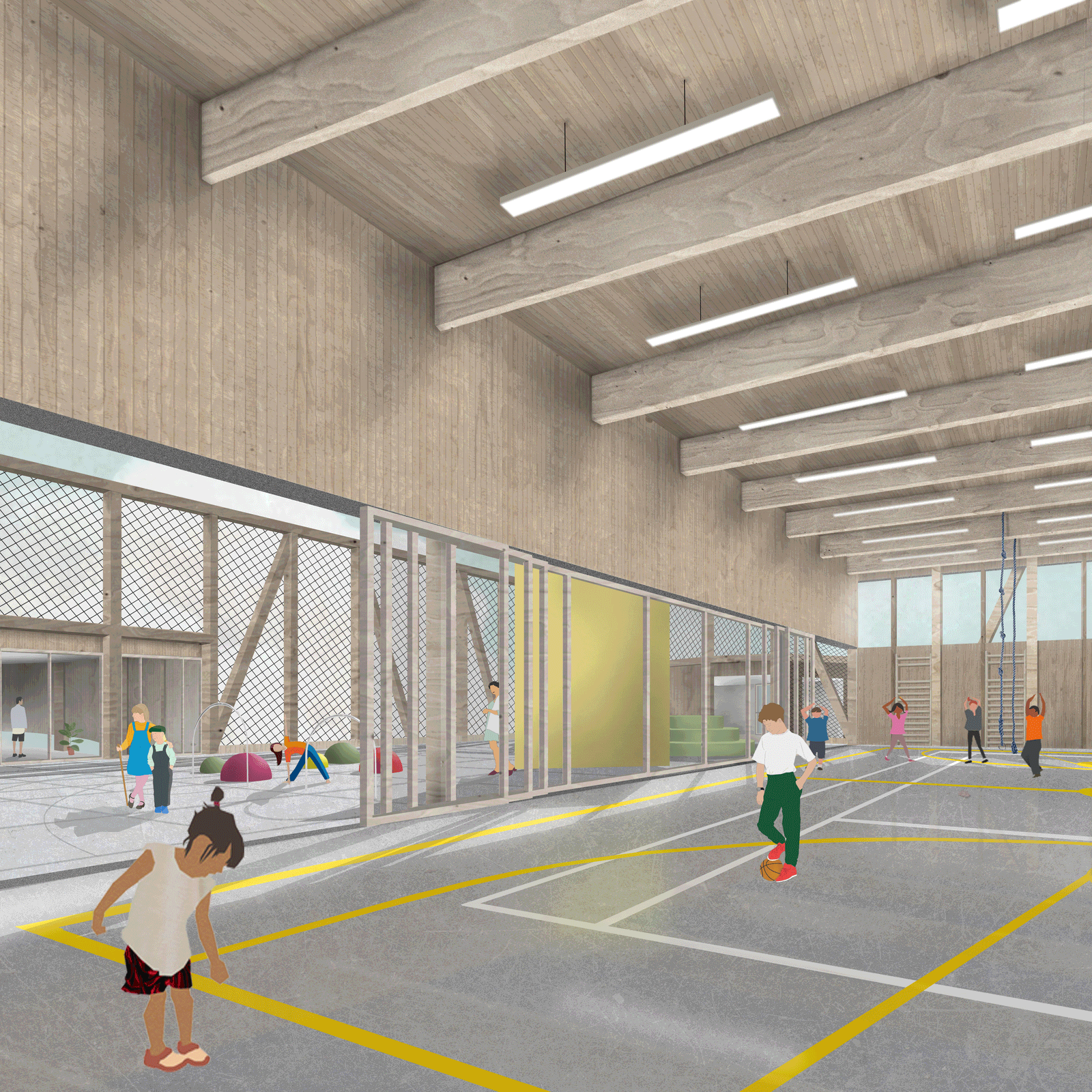 Timber sports hall with courts and glazed activity rooms