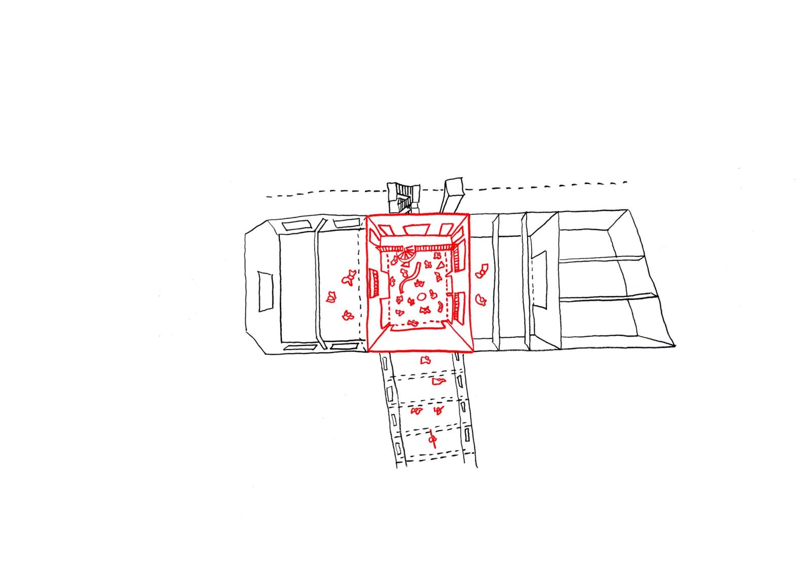 Foyer circulation diagram highlighting movement around a central court