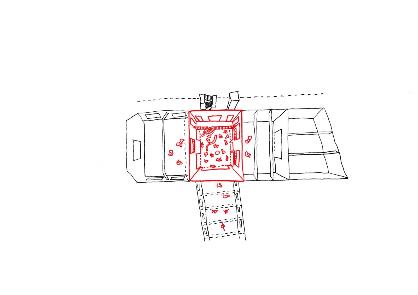 Foyer circulation diagram highlighting movement around a central court