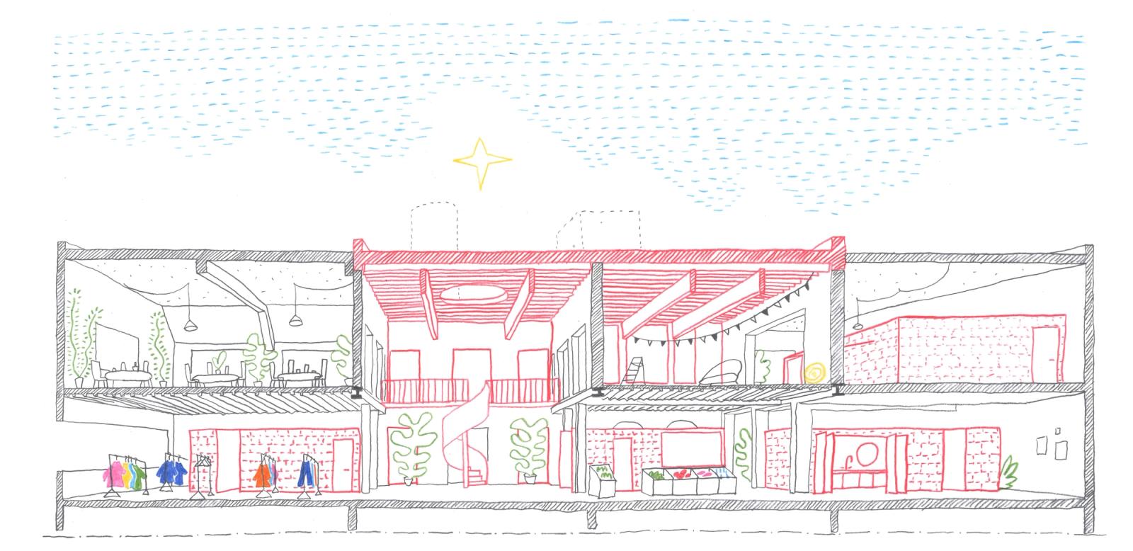 Interior building section through classrooms and shared circulation
