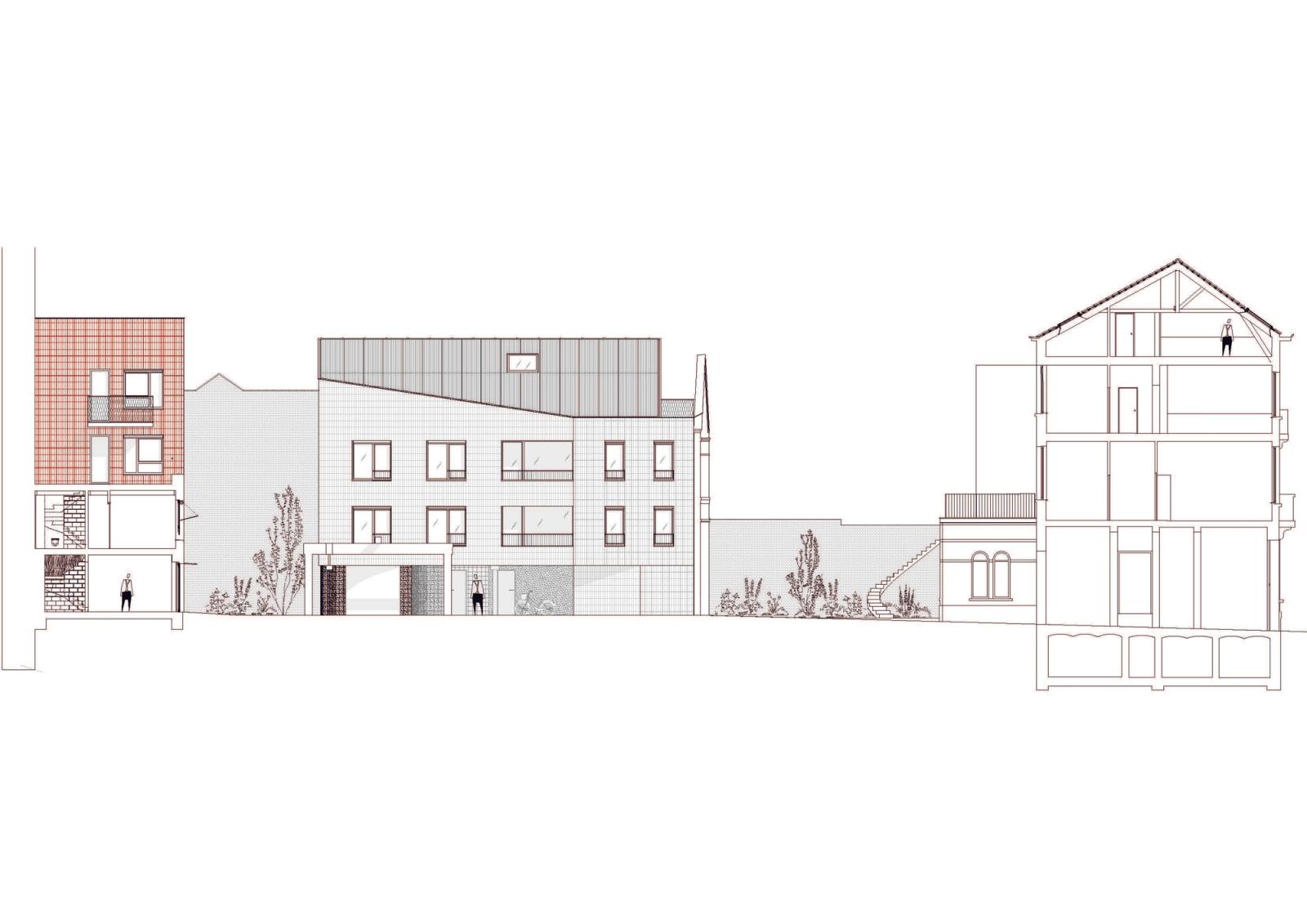 Elevation and section showing the renovated infill building
