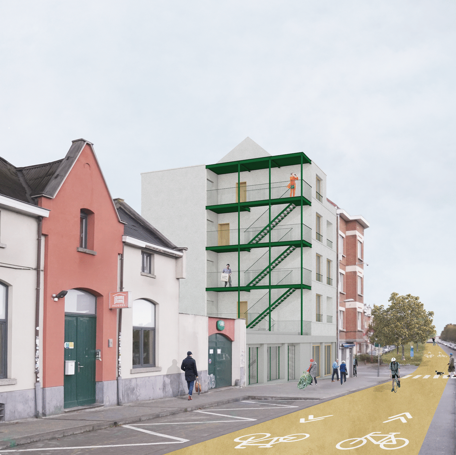 Street view of the gabled infill building under construction