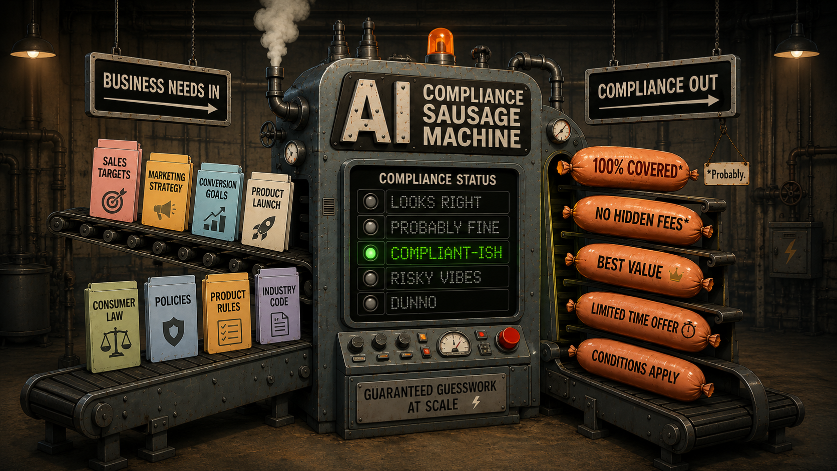 An illustration of an AI compliance sausage machine that grades risks as 'Looks right', 'Probably fine', 'Compliant-ish', 'Sirky vibes', 'Dunno'.