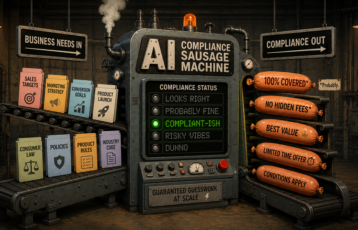 An illustration of an AI compliance sausage machine that grades risks as 'Looks right', 'Probably fine', 'Compliant-ish', 'Sirky vibes', 'Dunno'.