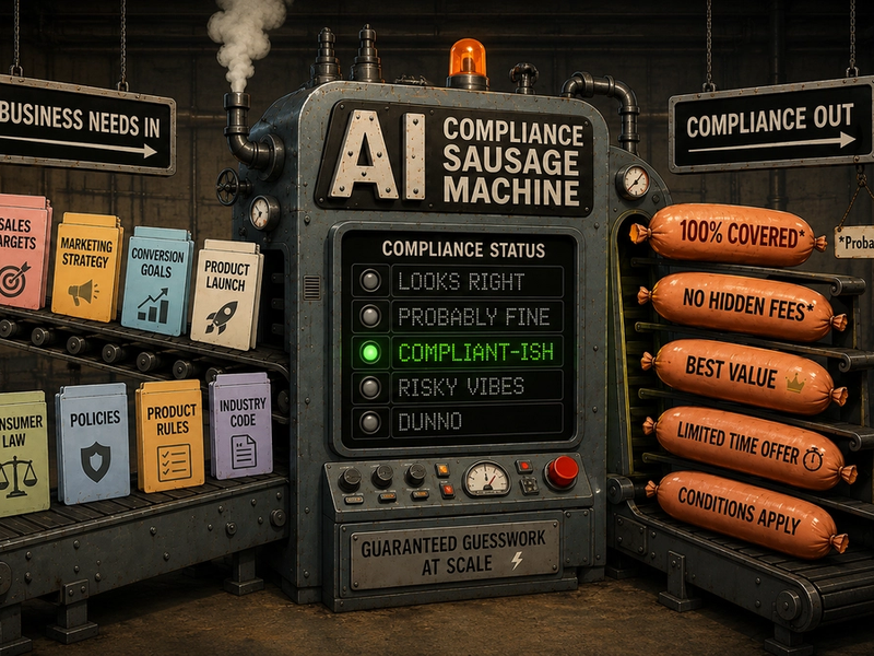 An illustration of an AI compliance sausage machine that grades risks as 'Looks right', 'Probably fine', 'Compliant-ish', 'Sirky vibes', 'Dunno'.