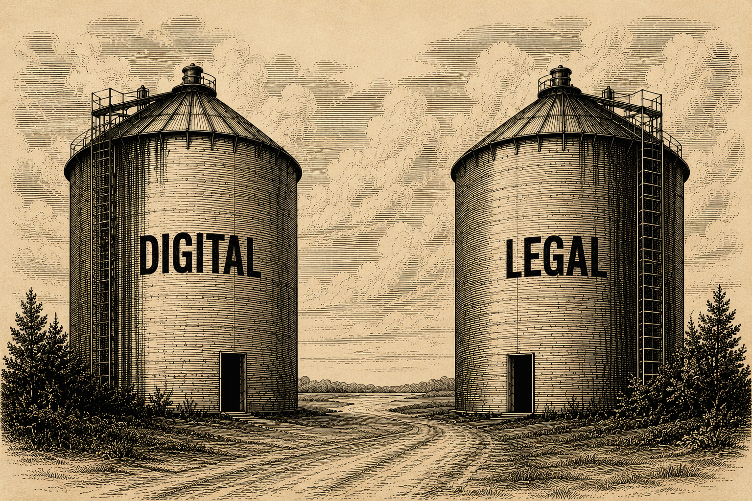 Illustration of two opposing siloes on a farm. One says 'digital' the other says 'legal' on the side in bold capital letters.