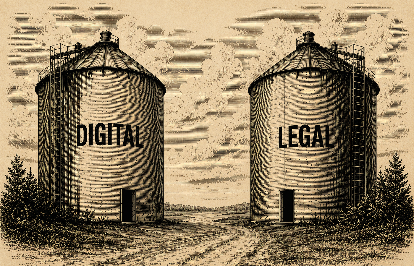Illustration of two opposing siloes on a farm. One says 'digital' the other says 'legal' on the side in bold capital letters.