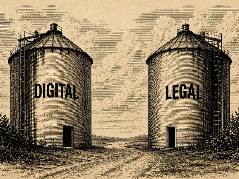Illustration of two opposing siloes on a farm. One says 'digital' the other says 'legal' on the side in bold capital letters.