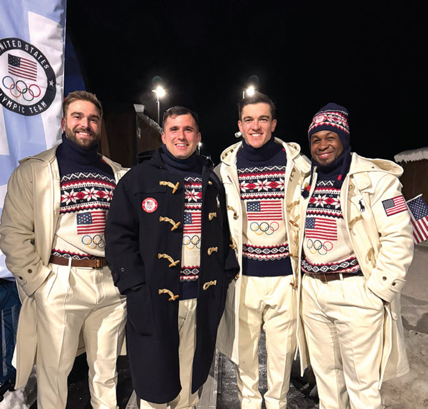 Josh Williamson (left) and teammates at the opening ceremonies for the 2026 Winter Olympic Games in Italy