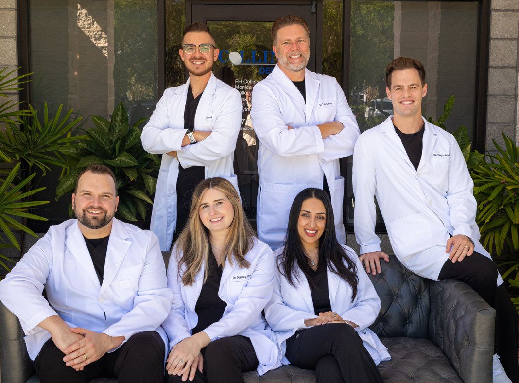 The highly experienced team of doctors at Collins Dental in Winter Springs. Top row left to right: Dr. Daniel Kortyka, Dr. F.H. Collins III, and Dr. Clayton Little. Bottom row left to right: Dr. Collin Wietfeldt, Dr. Mallory Hunt, and Dr. Monica Azer