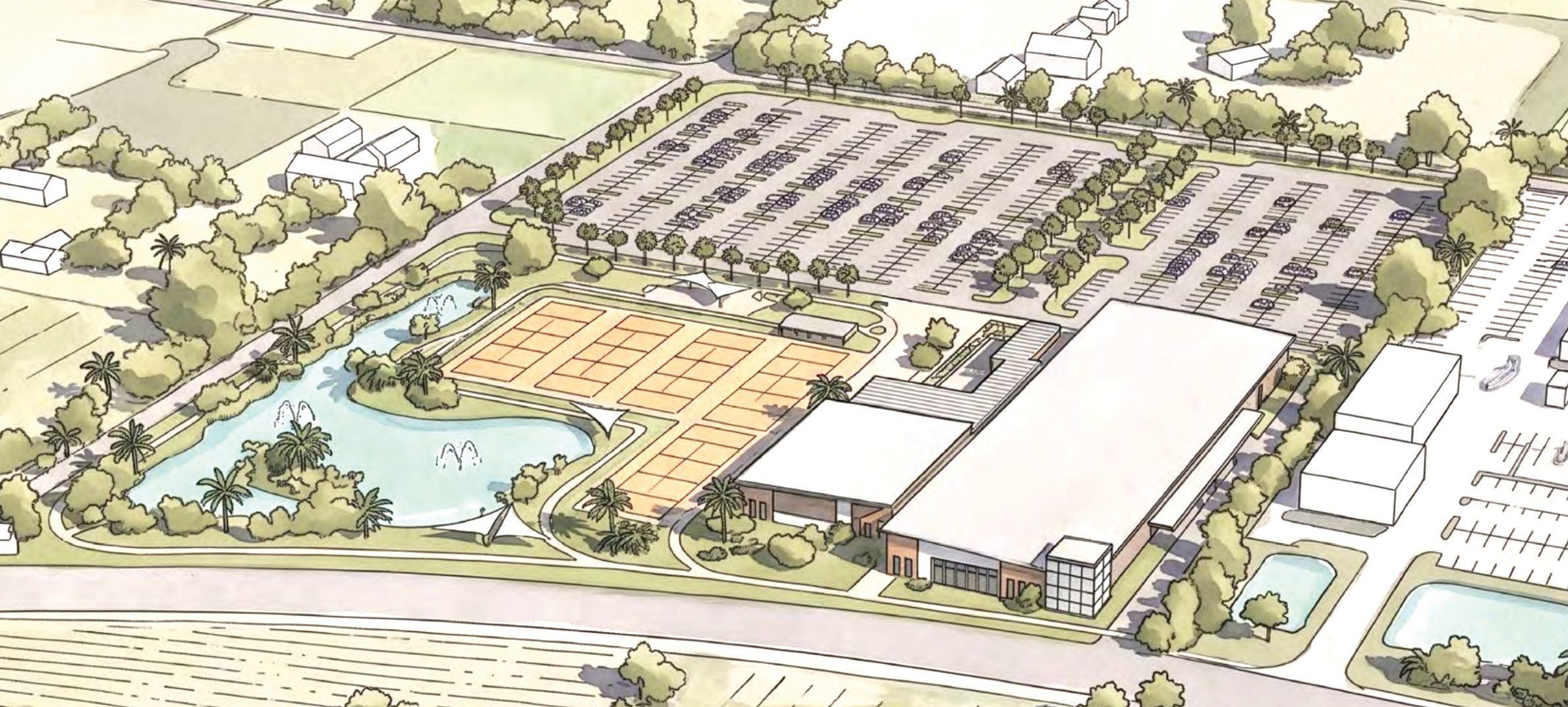 This early render of Seminole County’s proposed new regional indoor sports complex shows off a variety of amenities that will draw an estimated 300,000 sports-tourism visitors to our community every year. The long, rectangular structure on the right will be flexible space that can accommodate up to 7,500 seats. The square section next to it is designed to house a 2,500-seat arena for signature games and events. To the left is outdoor
