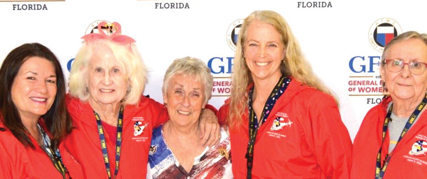 Sara Dessureau (center), president of GFWC Florida, with Essie Kosmerl, Sally Lukens, Laurel Ross, and Doris Blanchard, all of the Oviedo Woman's Club