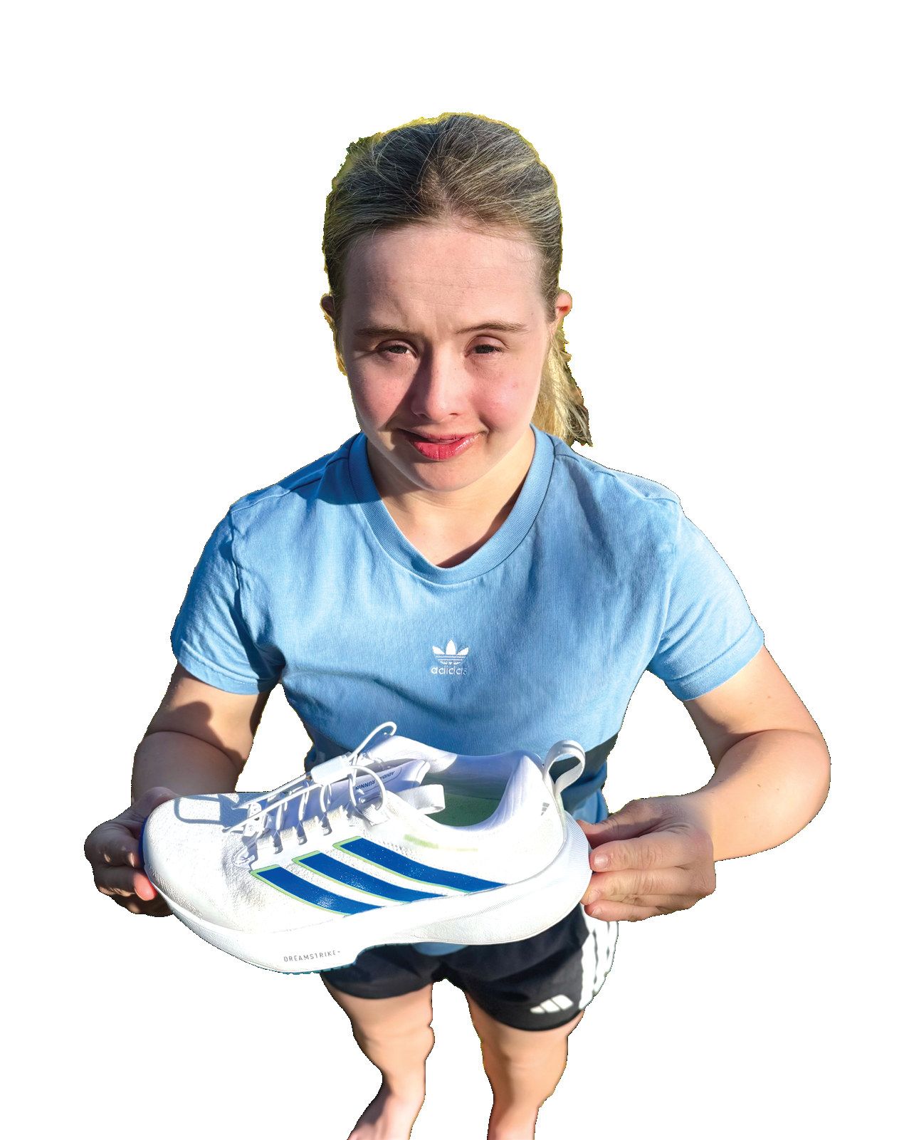 < Callie Anderson with the adaptive running shoe she helped test and market