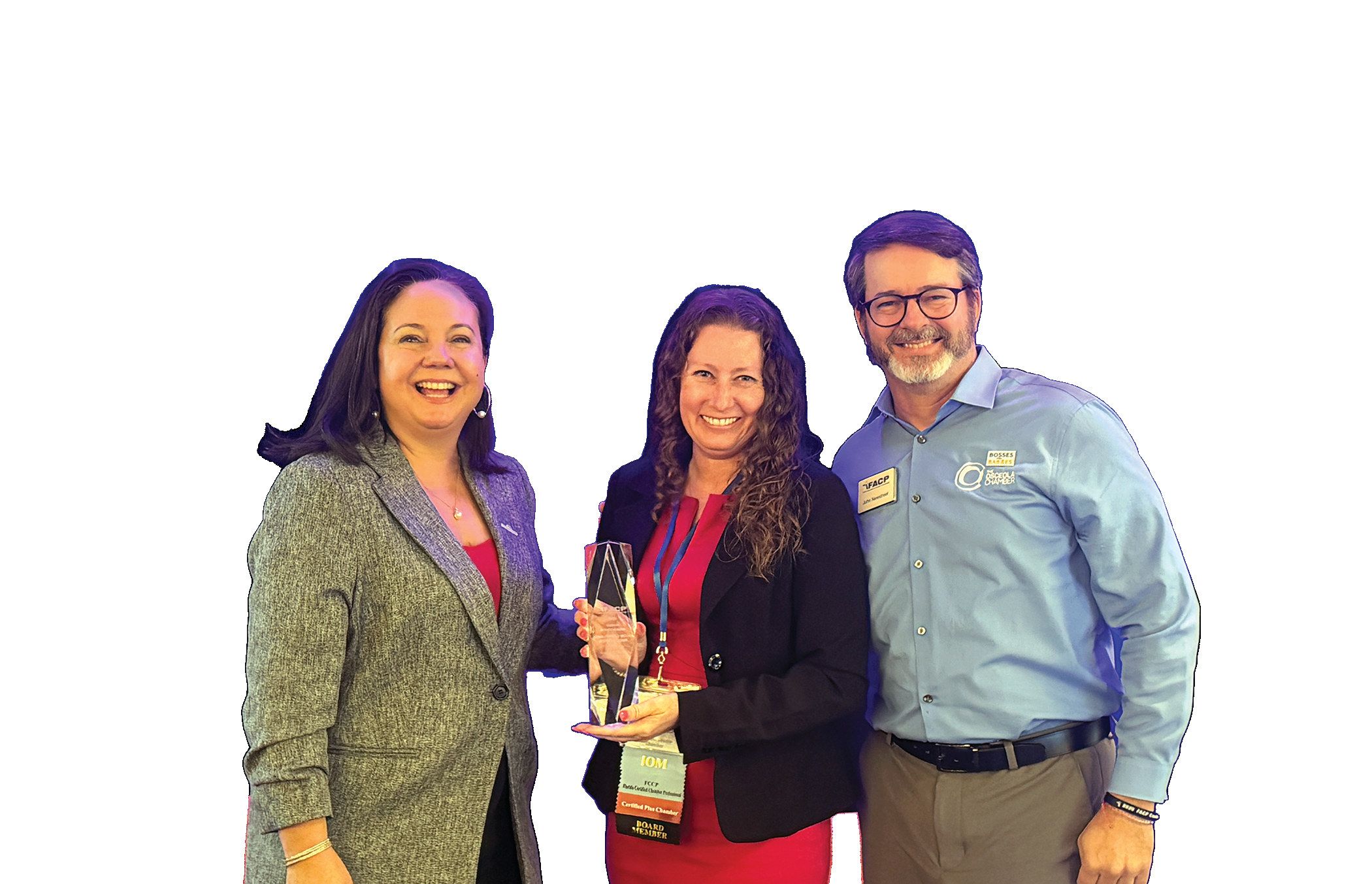 Rebekah Arthur (center), president and CEO of the Seminole County Chamber, with Michelle Oyola McGovern of Comcast and John Newstreet, president/CEO of The Osceola Chamber