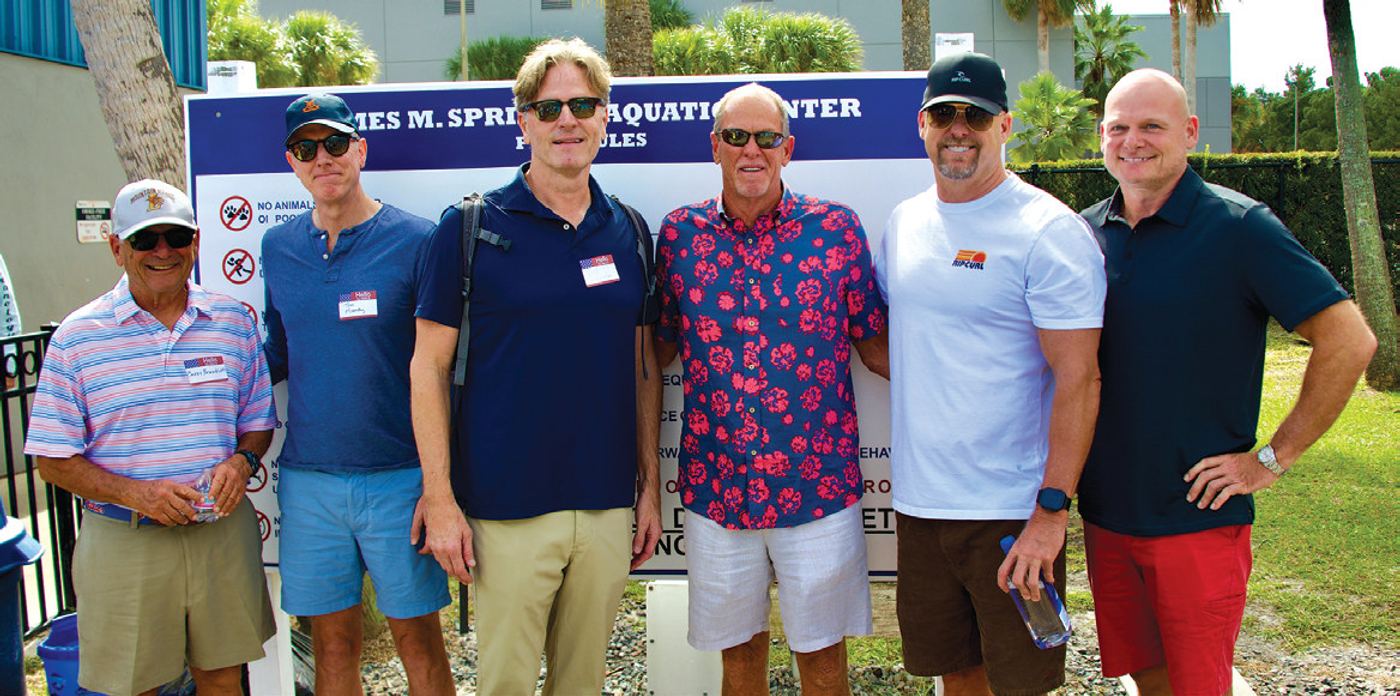 Clay (third from right) with friends and swimmers he has mentored: Emery Rosenbluth, Tom Mooney, Olympic gold medalist Brad Bridgewater, Wes Simecek, and Zack Simecek