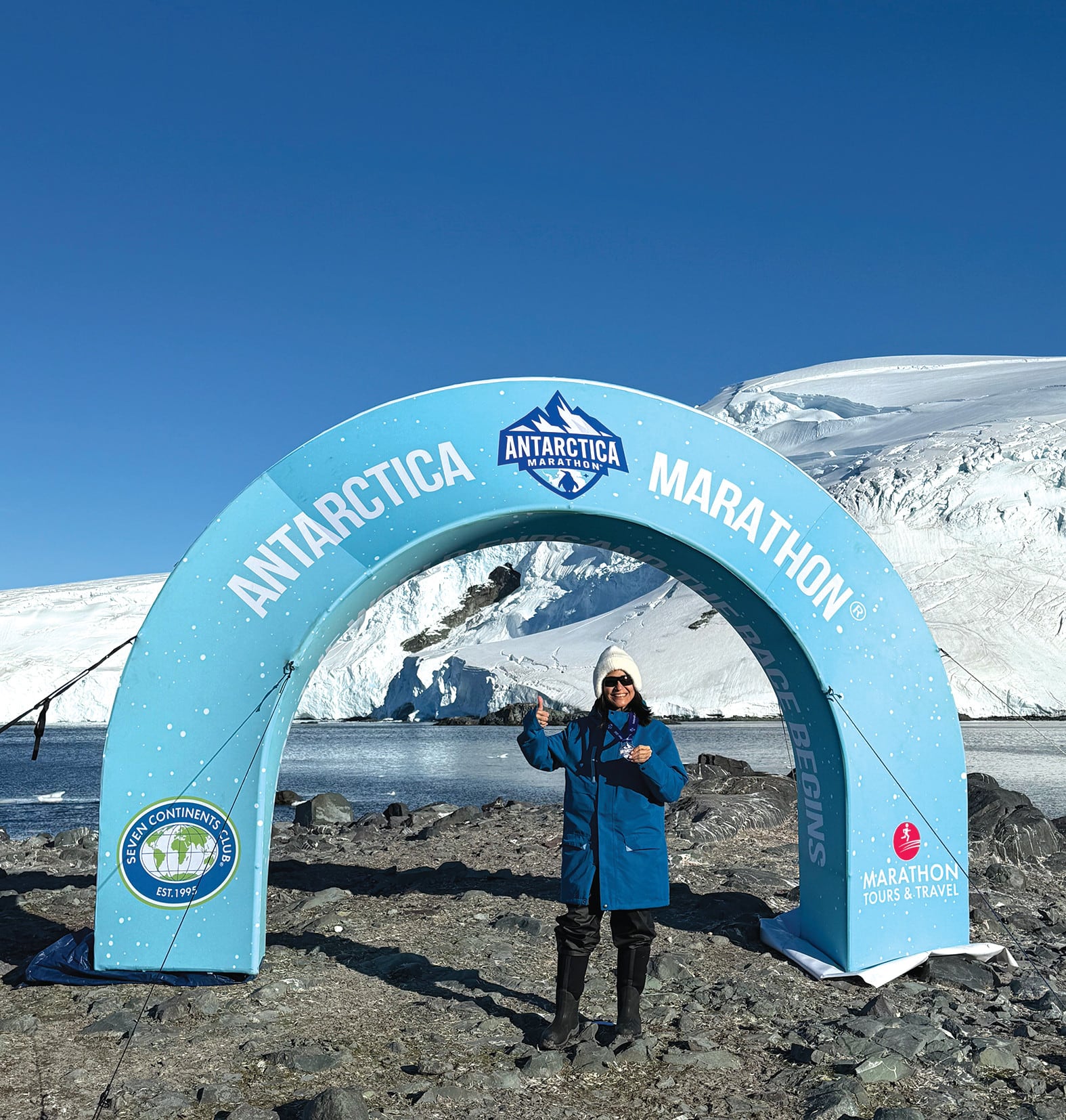 Betsy Cohen at the Antarctica Marathon arch