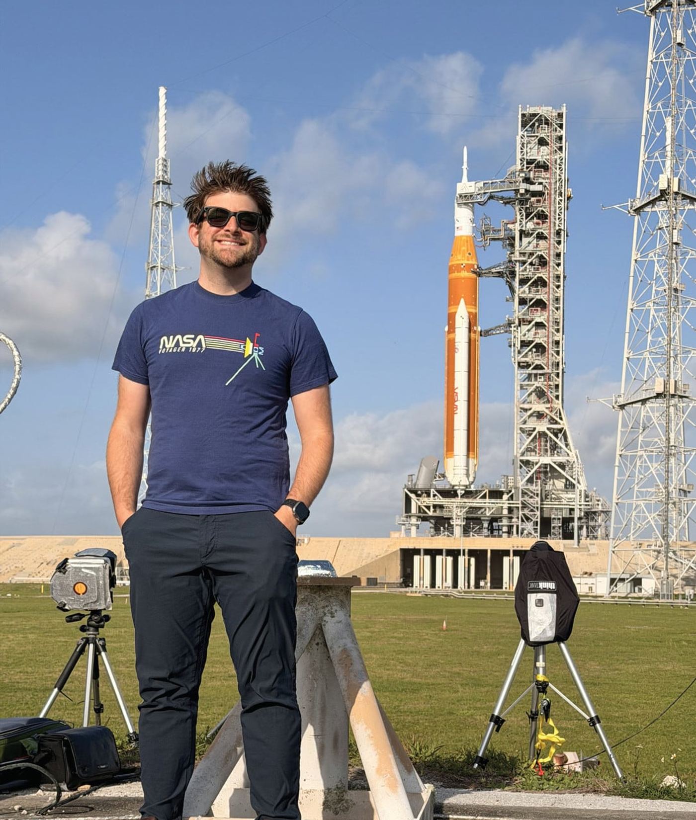 Steven Madow with his cameras near the Artemis II launchpad