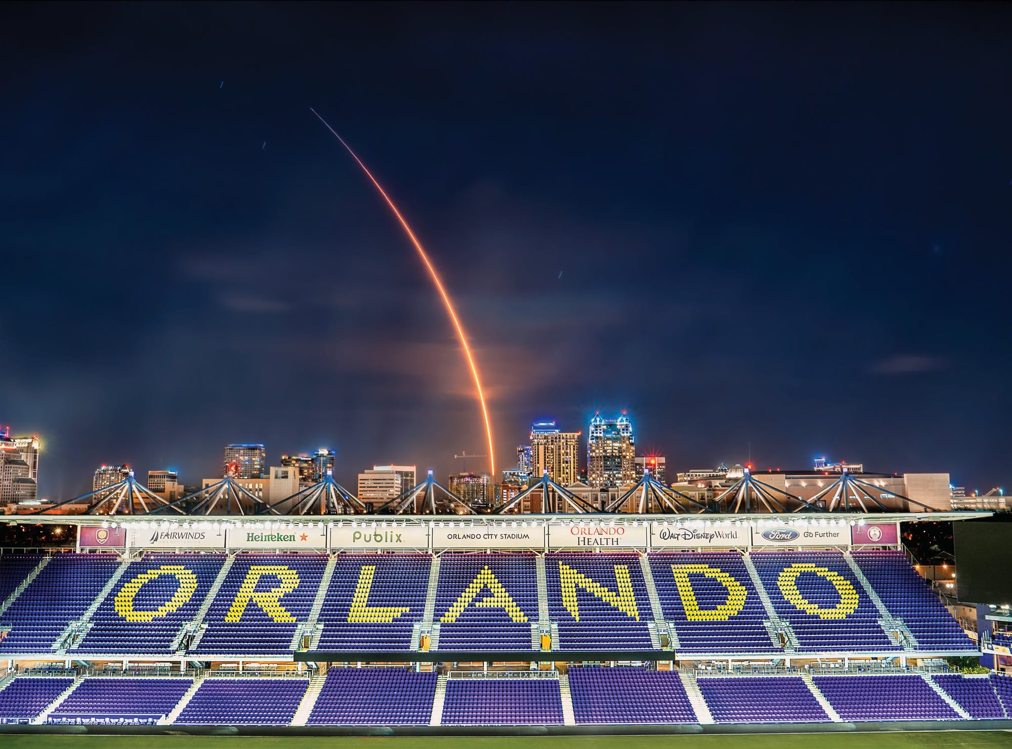 A rocket launch rising above Orlando’s Inter&Co Stadium