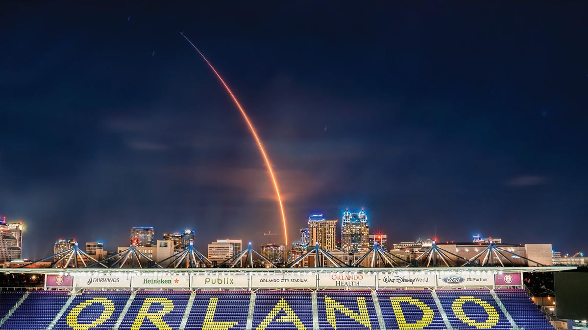 A rocket launch rising above Orlando’s Inter&Co Stadium