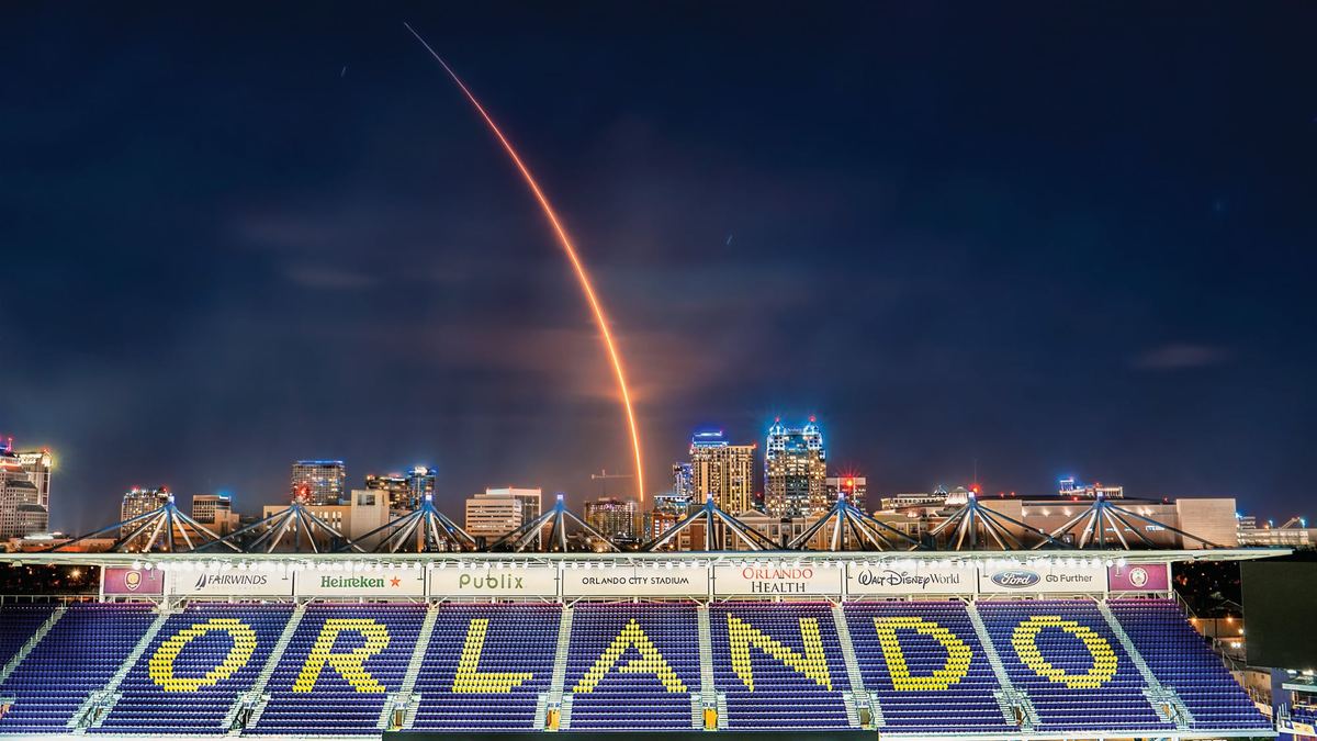 A rocket launch rising above Orlando’s Inter&Co Stadium