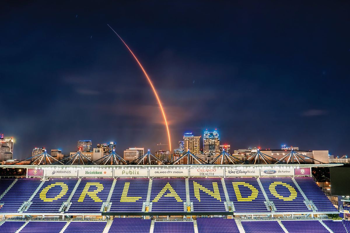 A rocket launch rising above Orlando’s Inter&Co Stadium
