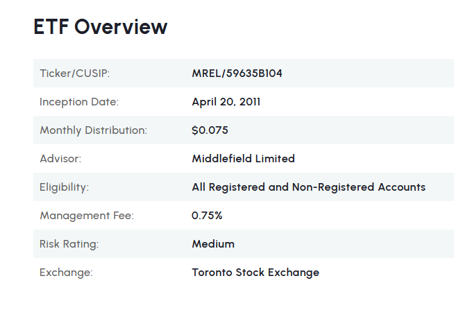 ETF overview table for MREL showing ticker and CUSIP, inception date, monthly distribution, advisor, account eligibility, management fee, risk rating, and exchange.