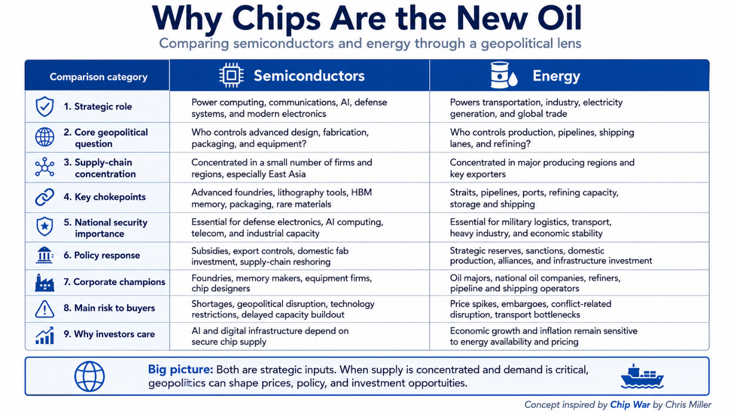 Infographic titled “Why Chips Are the New Oil” comparing semiconductors and energy across strategic role, geopolitical control, supply-chain concentration, chokepoints, national security importance, policy responses, corporate champions, buyer risks, and investor relevance.