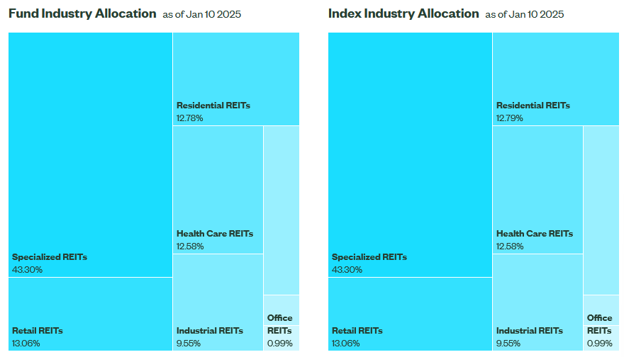 Real Estate Investment Trust (REIT) Breakdown as of January 10, 2025. Specialized REITs constitute 43.20%, Residential REITs 12.78%, Health Care REITs 12.58%, and Industrial REITs 9.55%. Data is presented in a comparative format with identical percentages across similar categories.