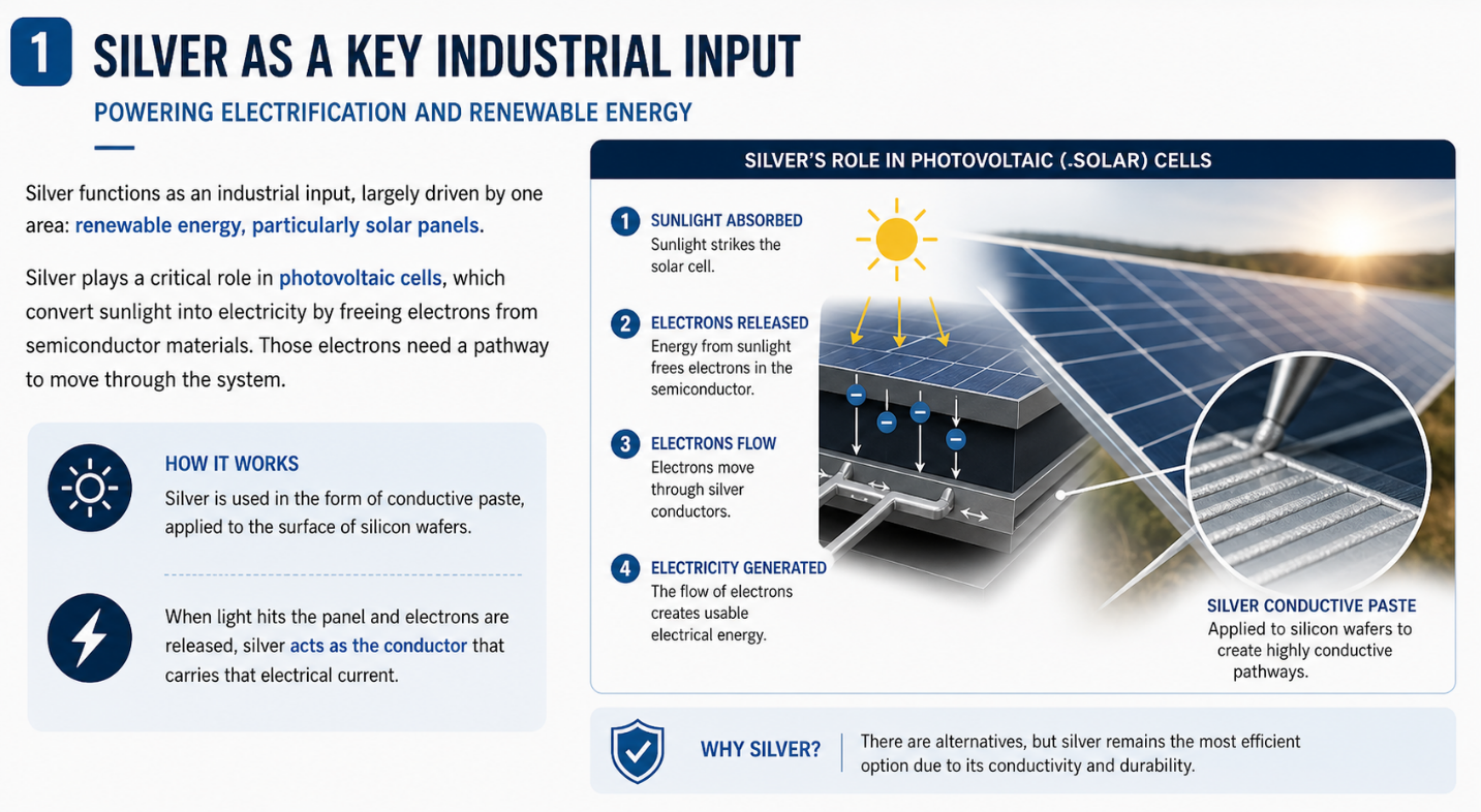 Infographic explaining silver’s role as a key industrial input in photovoltaic solar cells, including sunlight absorption, electron release, electron flow, and electricity generation.