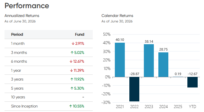 Performance image for NBI Global Private Equity ETF (NGPE) as of June 30, 2026, showing annualized returns by period and calendar-year returns from 2021 through year-to-date 2026.